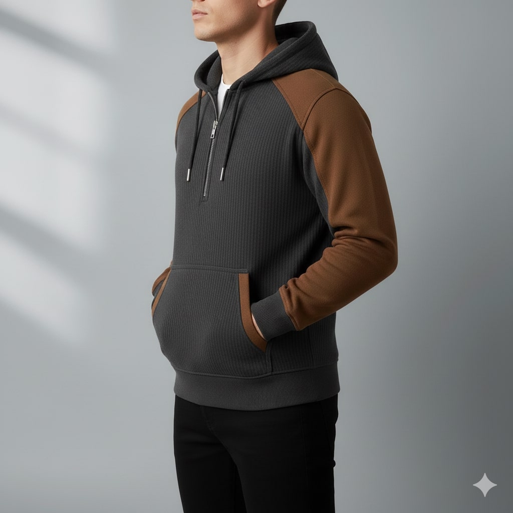 Colton Men's Corduroy Cotton Blend Quarter-Zip Hoodie with Contrast Panels