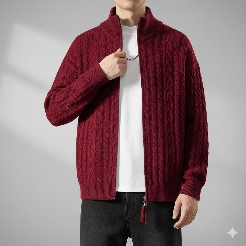 Domingo Men's Wool Cable Knit Zip-Up Cardigan – Mid-Weight Soft Sweater