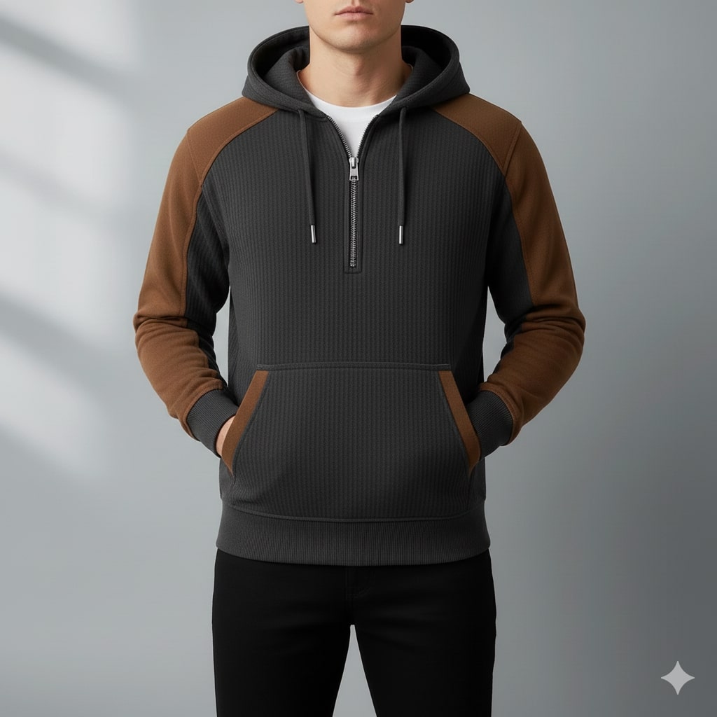 Colton Men's Corduroy Cotton Blend Quarter-Zip Hoodie with Contrast Panels