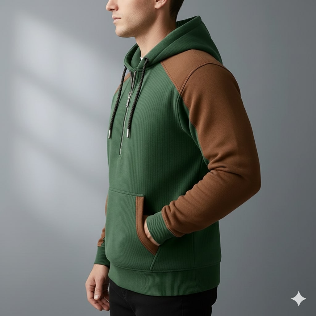 Colton Men's Corduroy Cotton Blend Quarter-Zip Hoodie with Contrast Panels