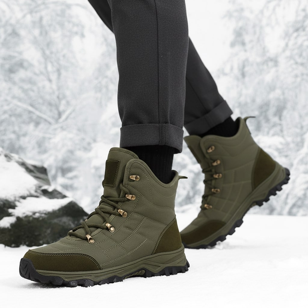 Hugo Men's Insulated Leather Snow Boots with Non-Slip Sole and Lace-Up Design