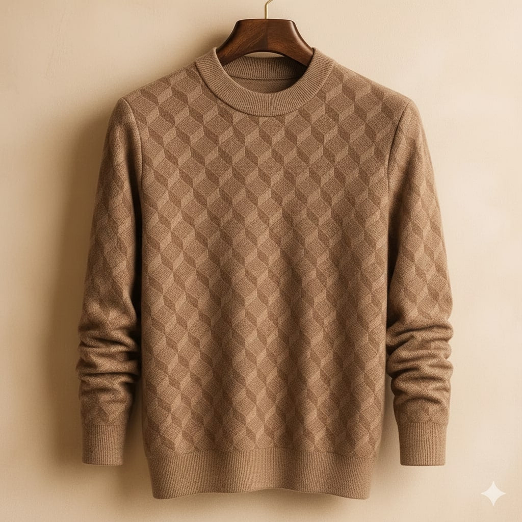 Gianluca Men's Geometric Knit Sweater – Soft Patterned Crew Neck with Ribbed Detailing