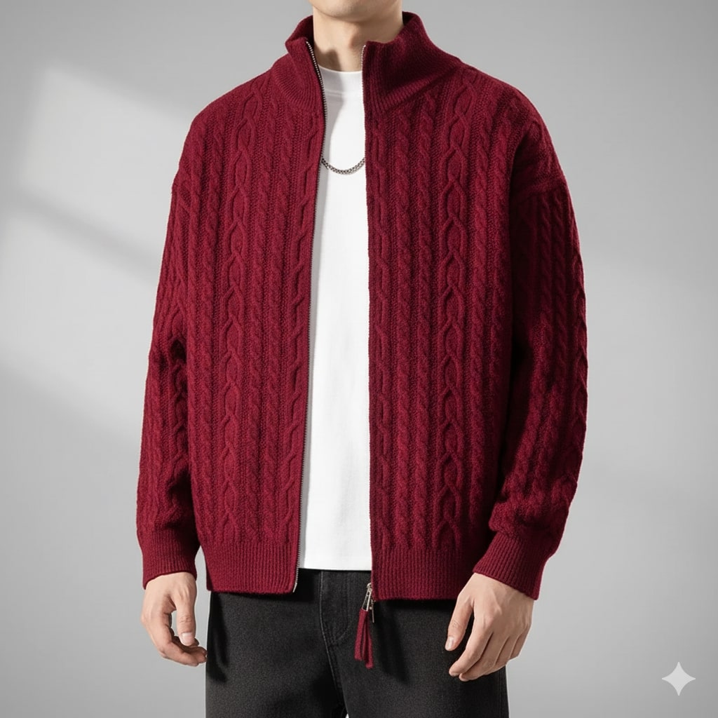 Domingo Men's Wool Cable Knit Zip-Up Cardigan – Mid-Weight Soft Sweater