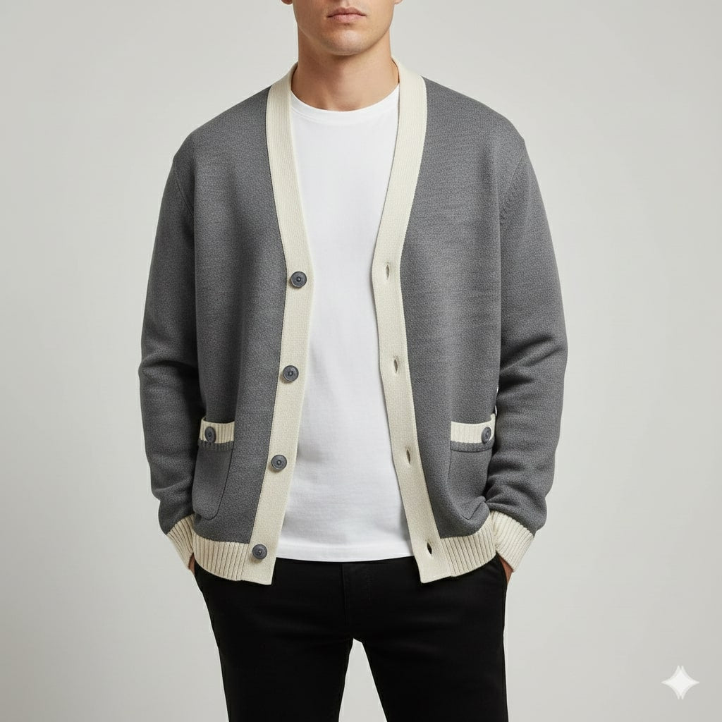 Holand Men's Two-Tone Knitted Cardigan with Button Placket