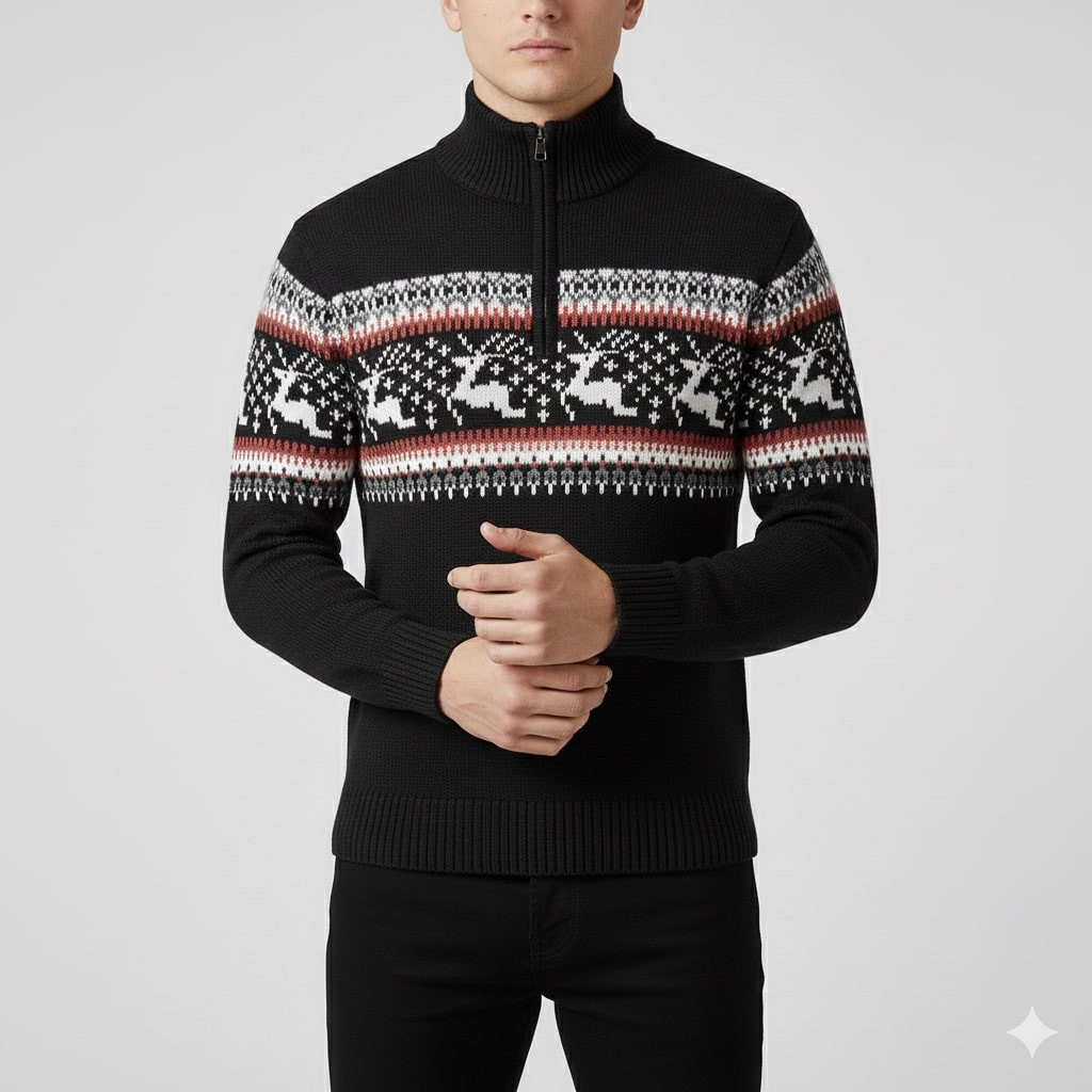 Aldrey Men's Wool Knit Quarter-Zip Christmas Sweater Pullover
