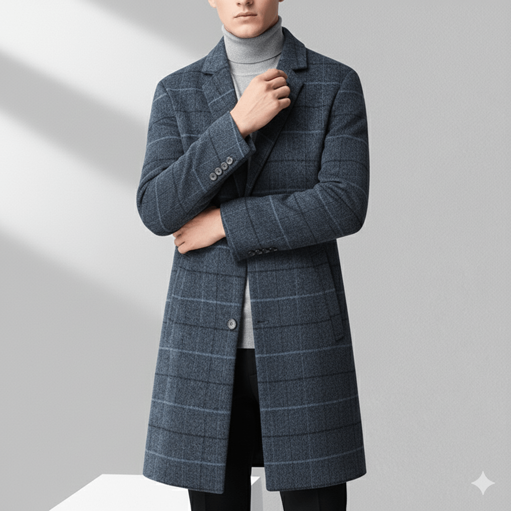 Aldric Men's Windowpane Wool Overcoat – Structured Mid-Length Design