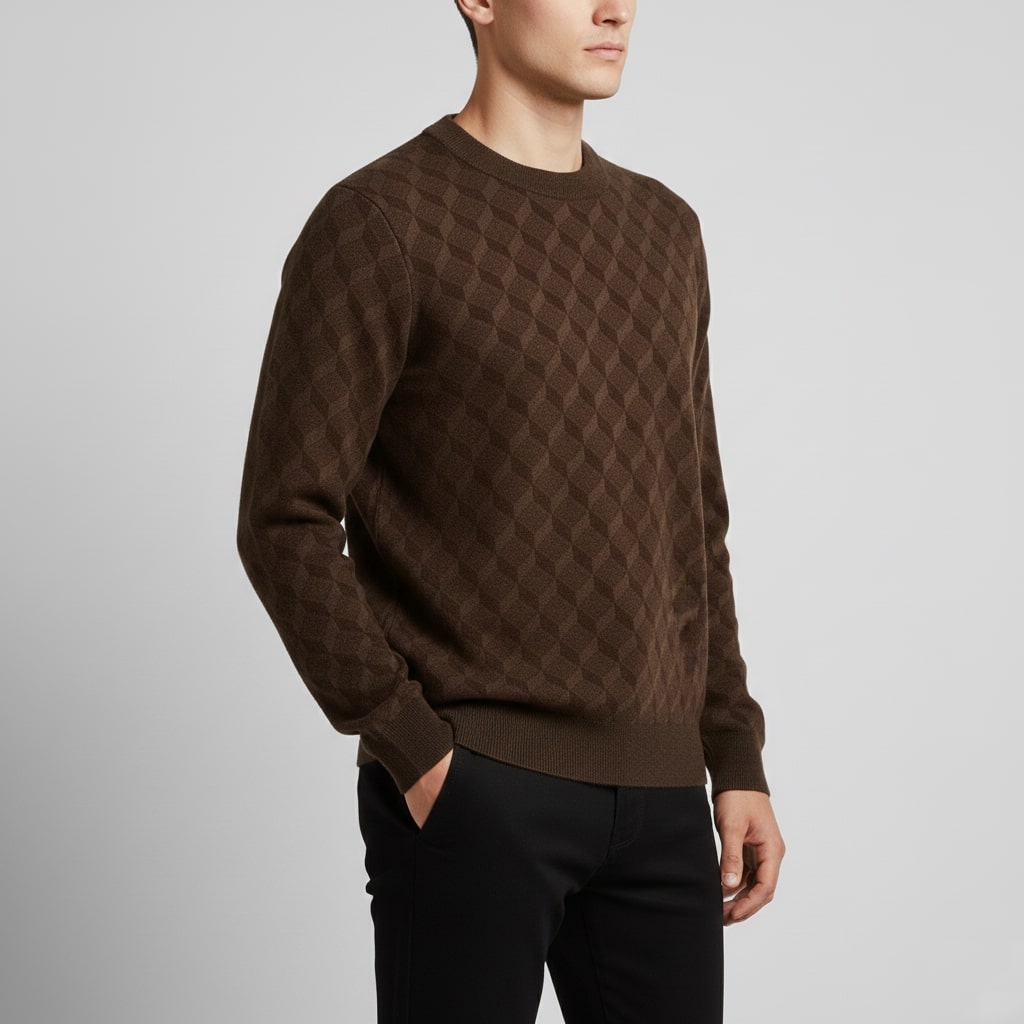 Gianluca Men's Geometric Knit Sweater – Soft Patterned Crew Neck with Ribbed Detailing