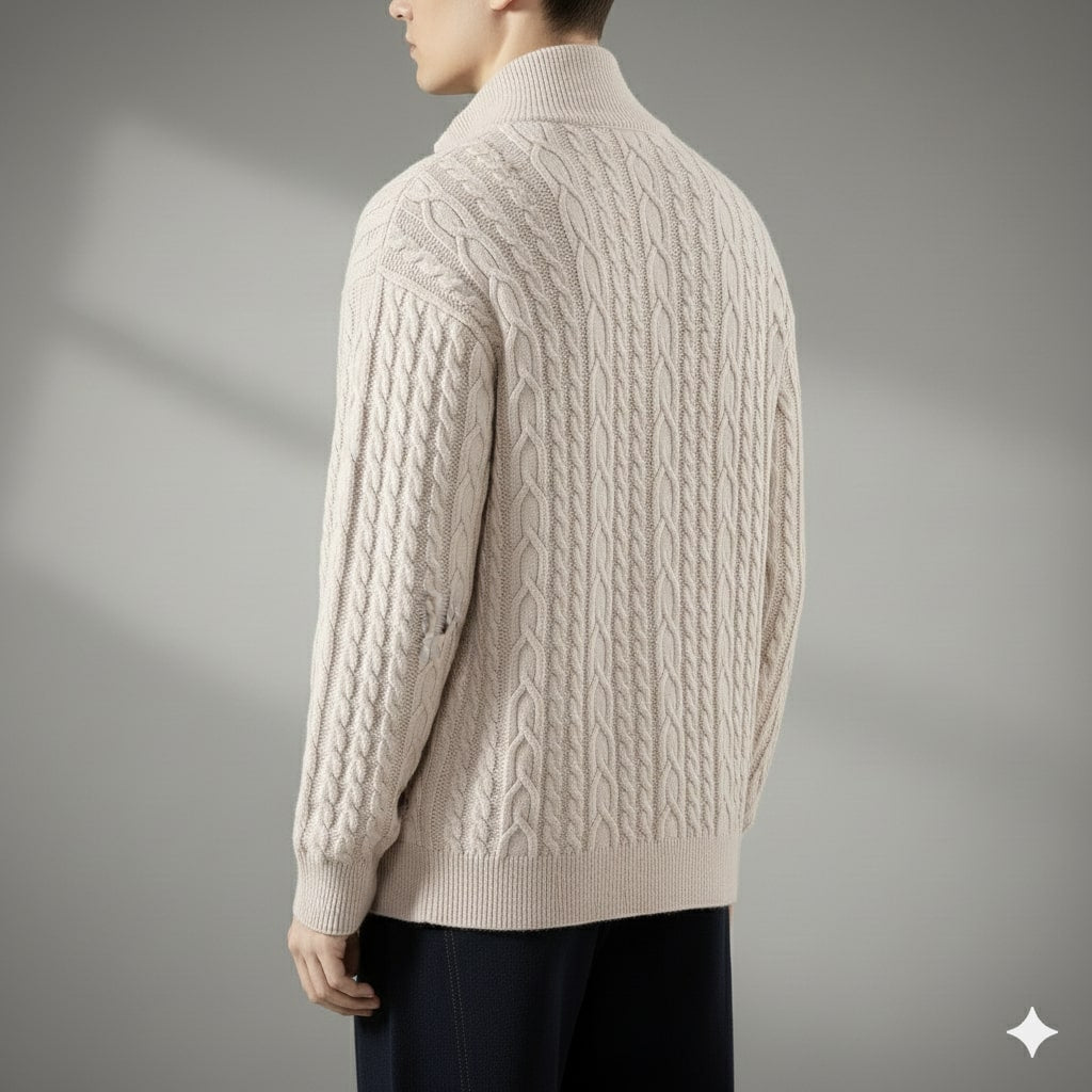 Domingo Men's Wool Cable Knit Zip-Up Cardigan – Mid-Weight Soft Sweater