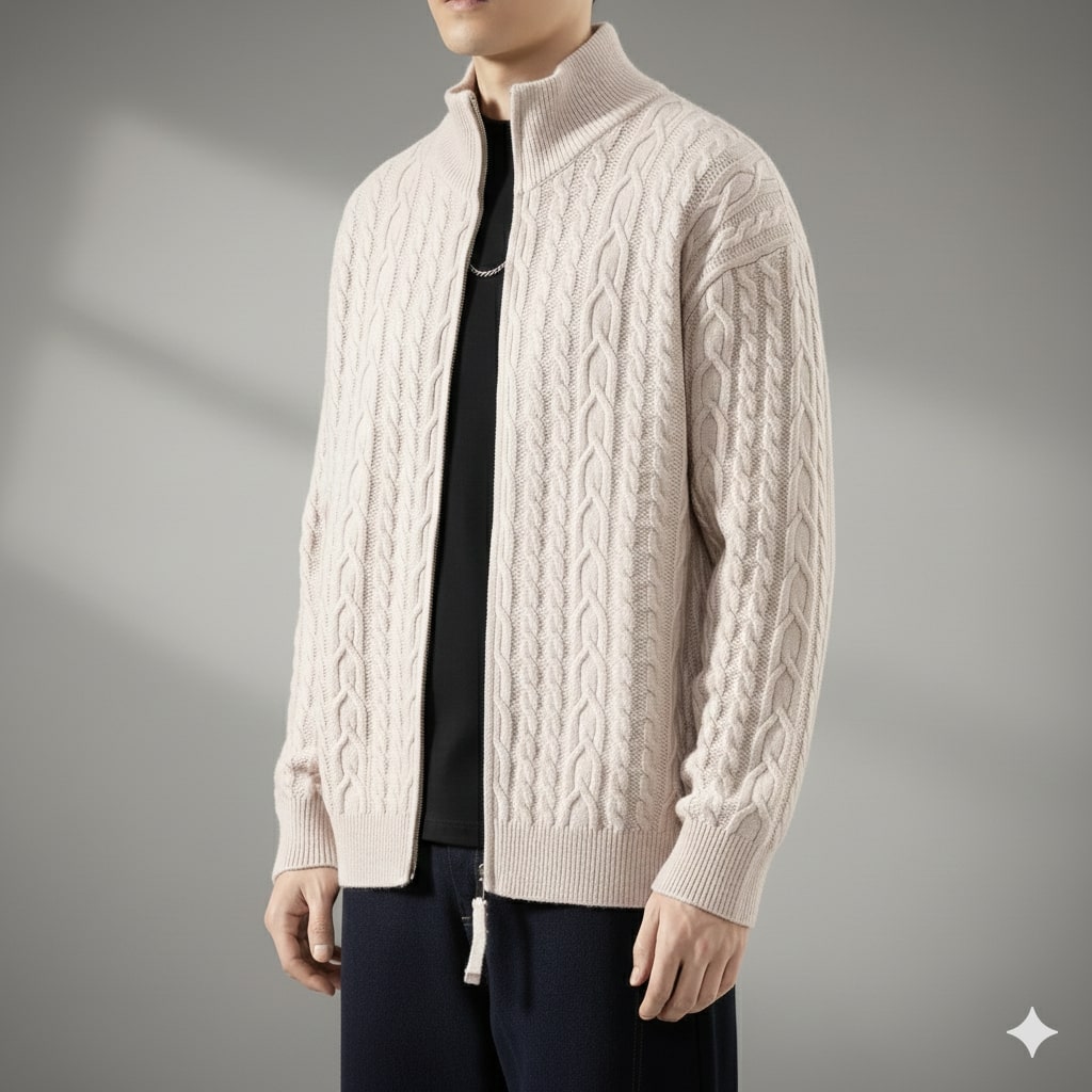 Domingo Men's Wool Cable Knit Zip-Up Cardigan – Mid-Weight Soft Sweater