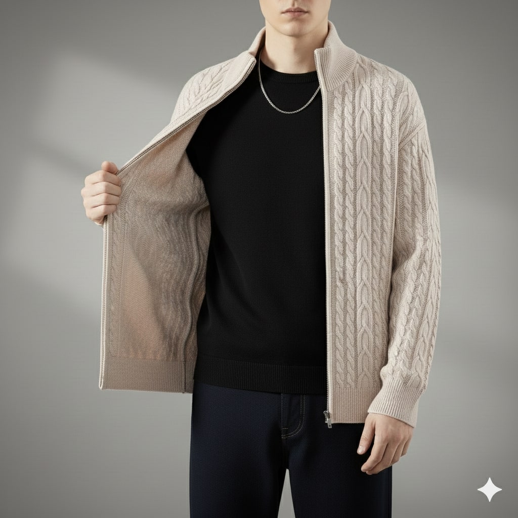 Domingo Men's Wool Cable Knit Zip-Up Cardigan – Mid-Weight Soft Sweater