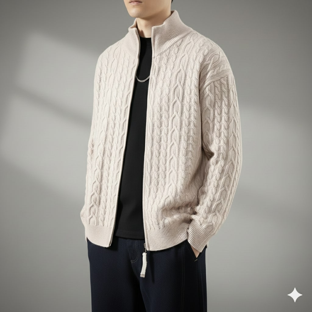 Domingo Men's Wool Cable Knit Zip-Up Cardigan – Mid-Weight Soft Sweater