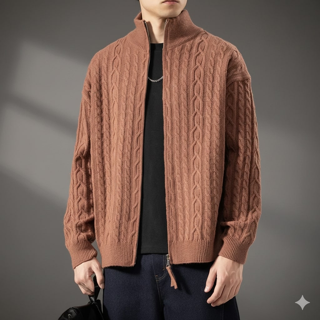 Domingo Men's Wool Cable Knit Zip-Up Cardigan – Mid-Weight Soft Sweater
