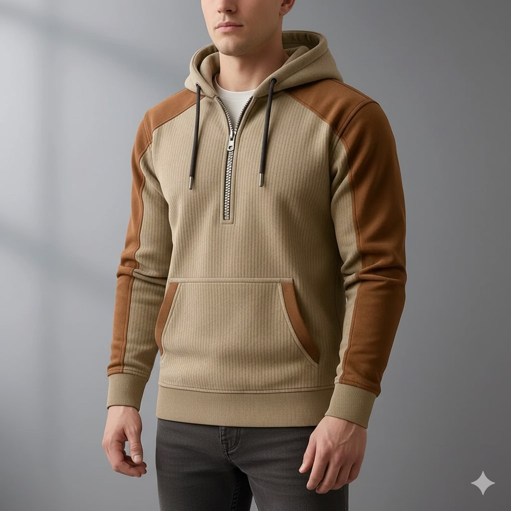Colton Men's Corduroy Cotton Blend Quarter-Zip Hoodie with Contrast Panels