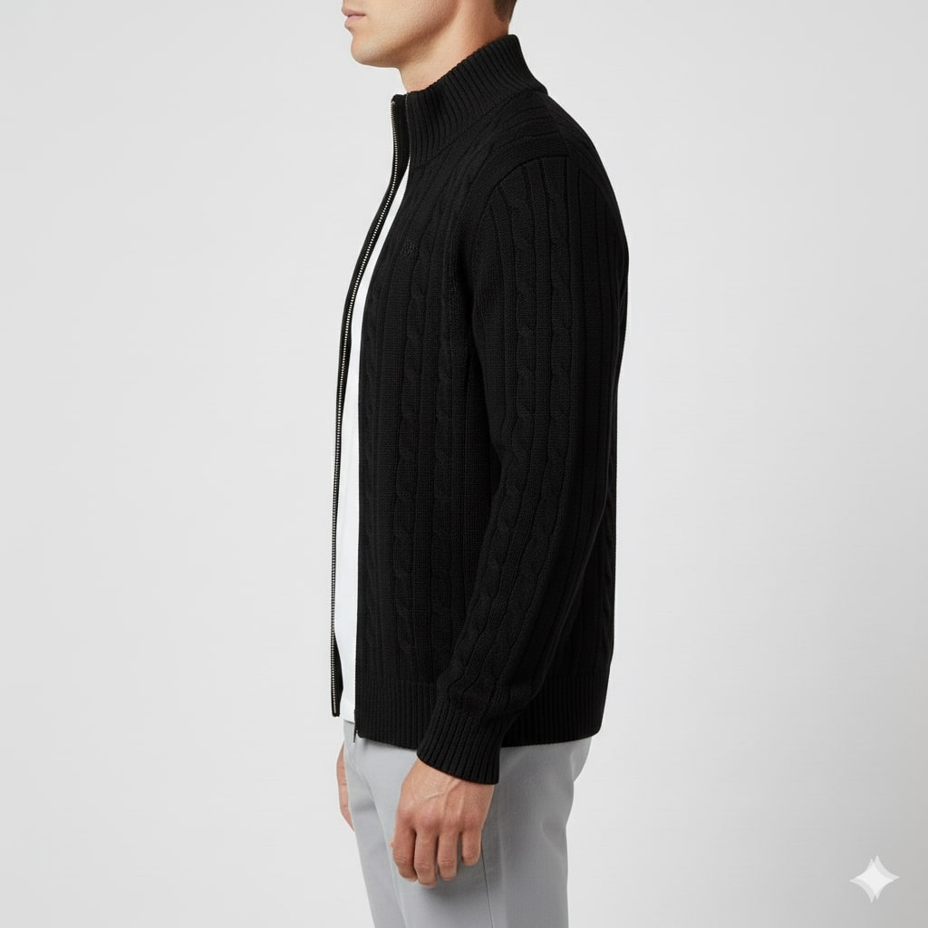Domingo Men's Wool Cable Knit Zip-Up Cardigan – Mid-Weight Soft Sweater