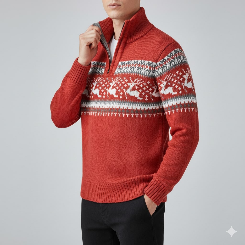 Aldrey Men's Wool Knit Quarter-Zip Christmas Sweater Pullover