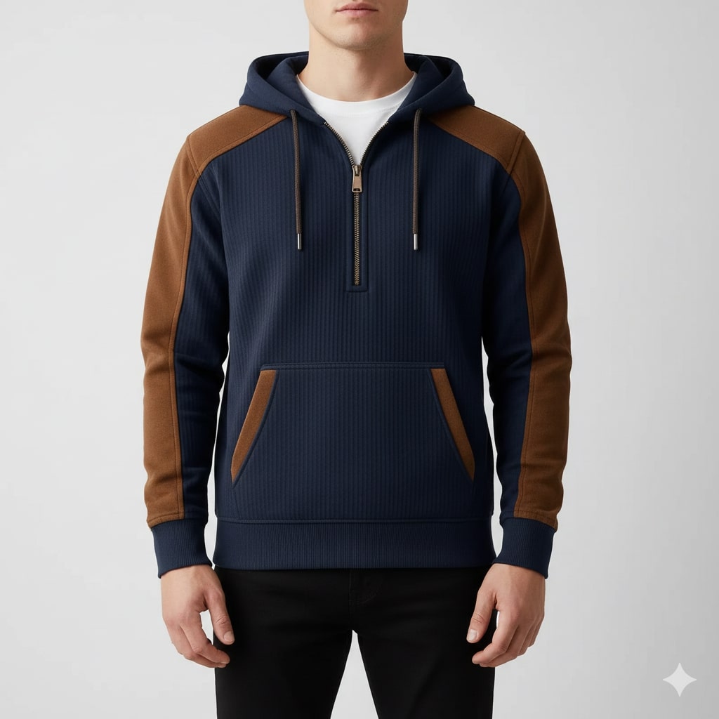 Colton Men's Corduroy Cotton Blend Quarter-Zip Hoodie with Contrast Panels