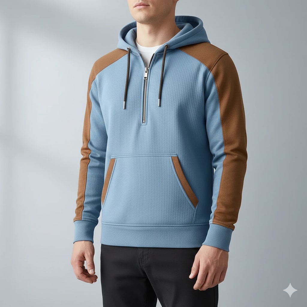 Colton Men's Corduroy Cotton Blend Quarter-Zip Hoodie with Contrast Panels