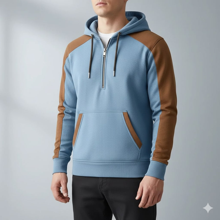 Colton Men's Corduroy Cotton Blend Quarter-Zip Hoodie with Contrast Panels