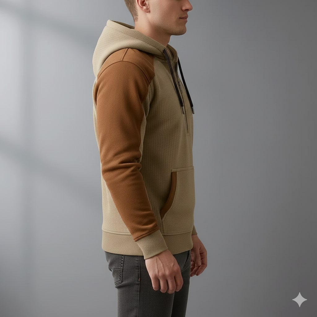 Colton Men's Corduroy Cotton Blend Quarter-Zip Hoodie with Contrast Panels
