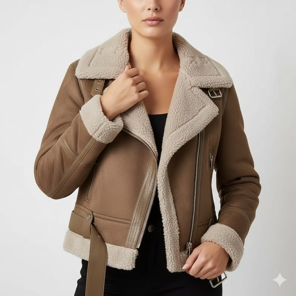 Aubrey Women's Aviator Suede Jacket with Plush Shearling Lining
