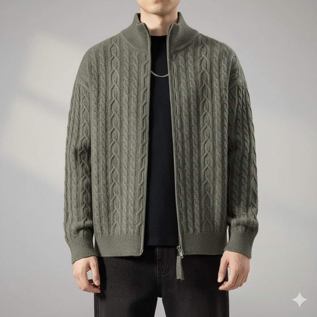 Domingo Men's Wool Cable Knit Zip-Up Cardigan – Mid-Weight Soft Sweater