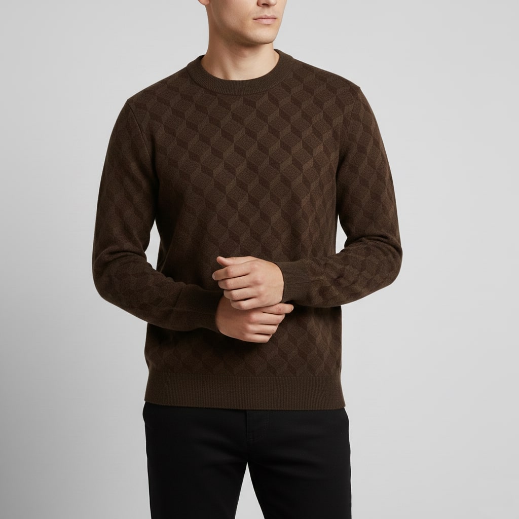Gianluca Men's Geometric Knit Sweater – Soft Patterned Crew Neck with Ribbed Detailing