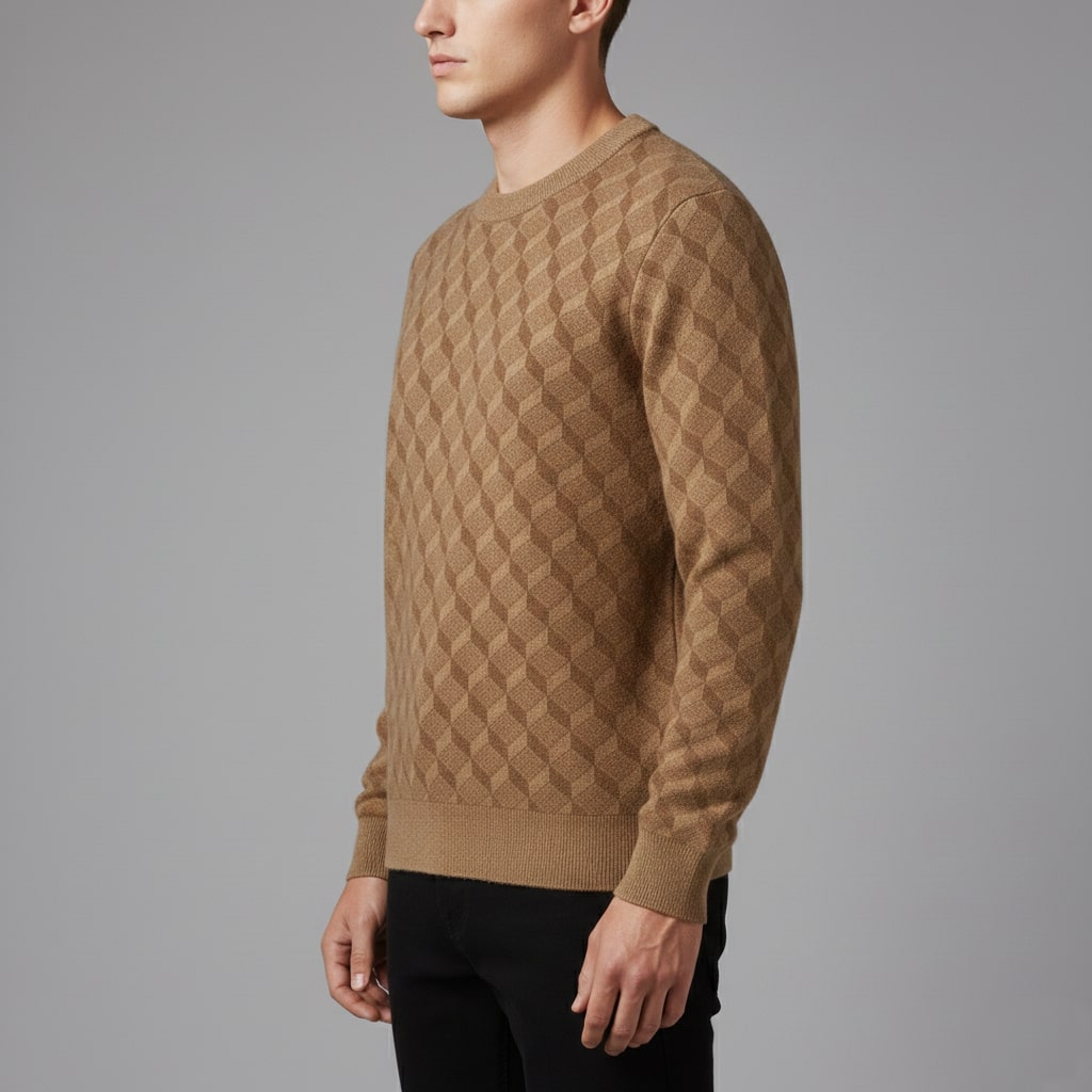 Gianluca Men's Geometric Knit Sweater – Soft Patterned Crew Neck with Ribbed Detailing