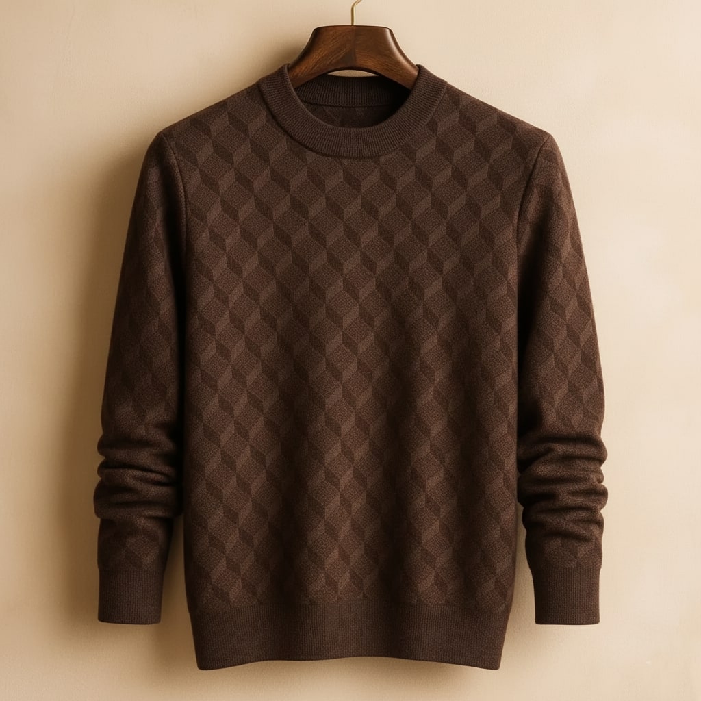 Gianluca Men's Geometric Knit Sweater – Soft Patterned Crew Neck with Ribbed Detailing