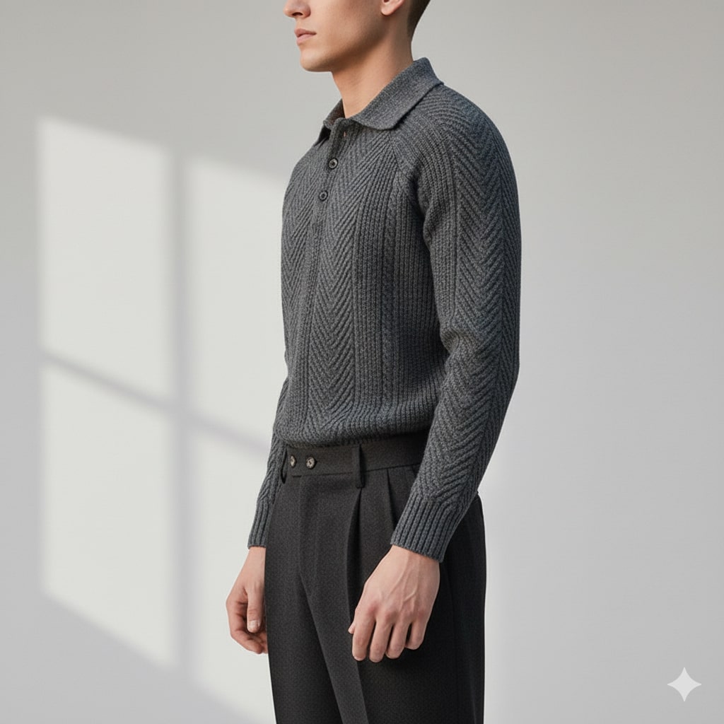 Darwin Men's Wool-Blend Cable Knit Polo Sweater – Tailored Modern Fit Pullover