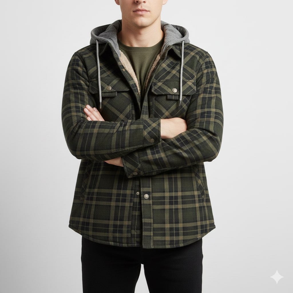 Dante Men's Sherpa-Lined Flannel Hoodie Jacket – Ideal for Winter Wear