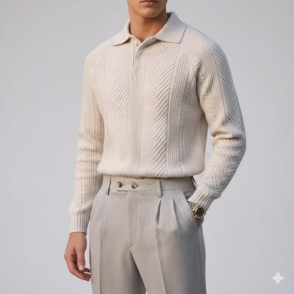 Darwin Men's Wool-Blend Cable Knit Polo Sweater – Tailored Modern Fit Pullover