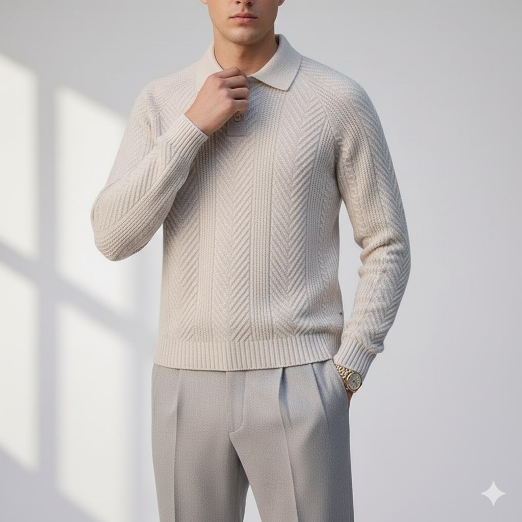 Darwin Men's Wool-Blend Cable Knit Polo Sweater – Tailored Modern Fit Pullover