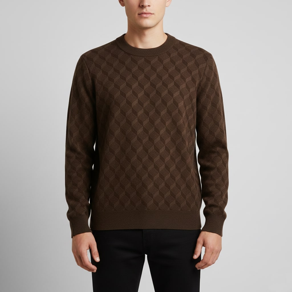 Gianluca Men's Geometric Knit Sweater – Soft Patterned Crew Neck with Ribbed Detailing