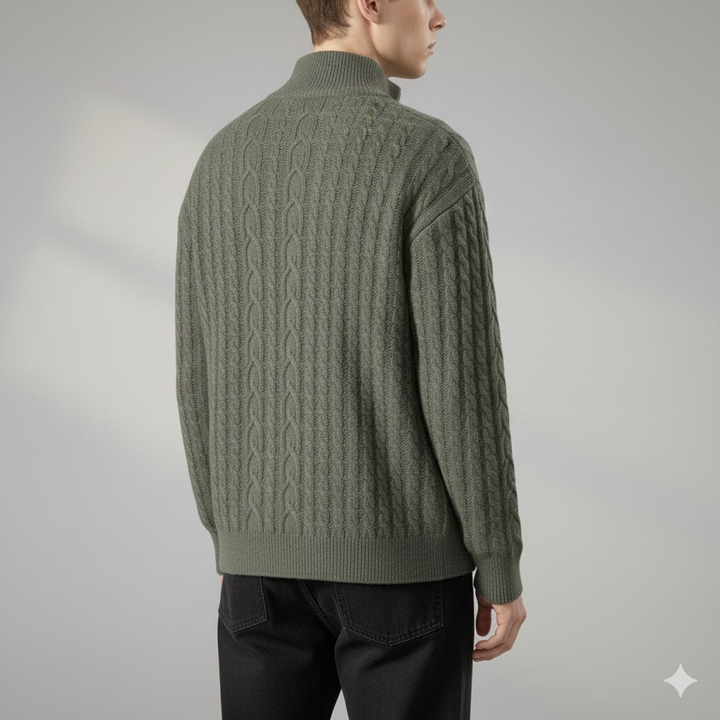 Domingo Men's Wool Cable Knit Zip-Up Cardigan – Mid-Weight Soft Sweater