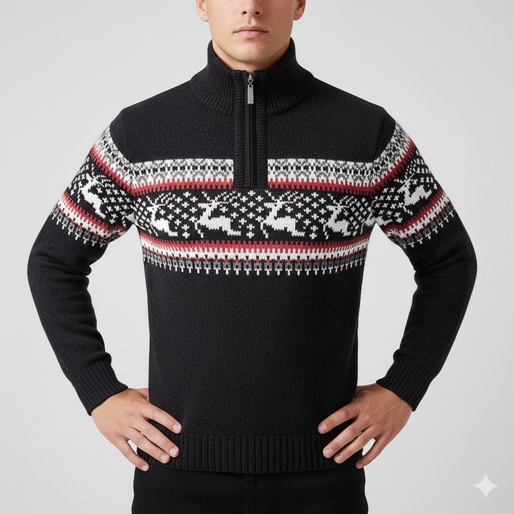 Aldrey Men's Wool Knit Quarter-Zip Christmas Sweater Pullover