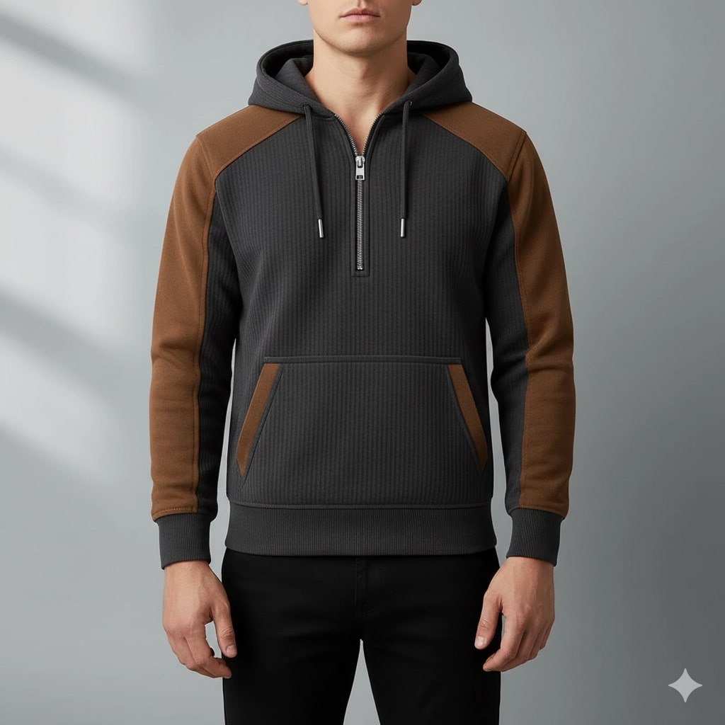 Colton Men's Corduroy Cotton Blend Quarter-Zip Hoodie with Contrast Panels