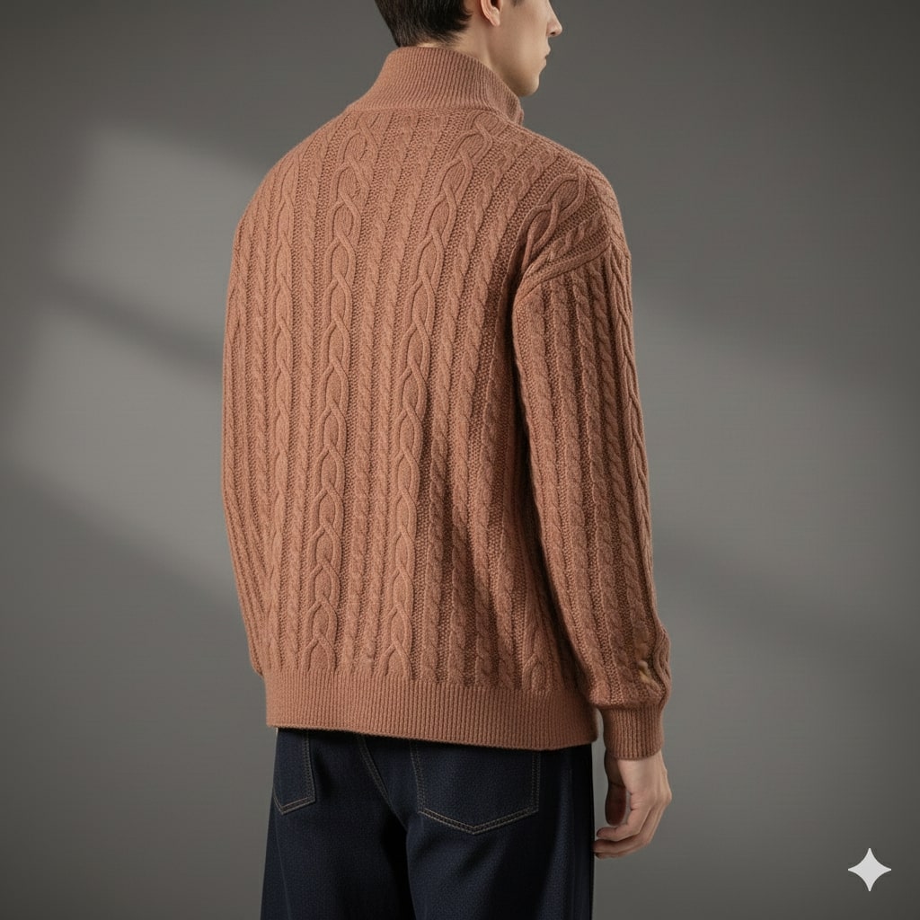 Domingo Men's Wool Cable Knit Zip-Up Cardigan – Mid-Weight Soft Sweater
