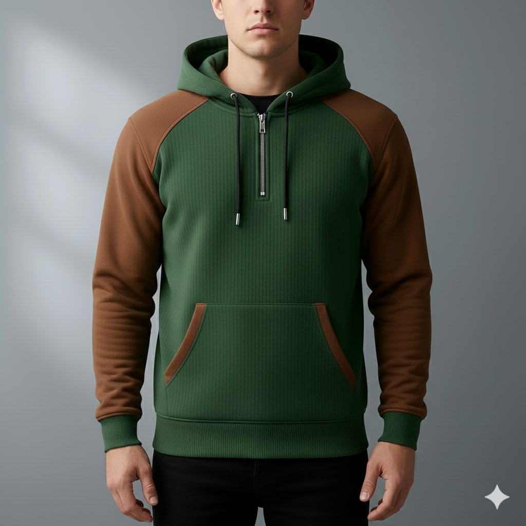 Colton Men's Corduroy Cotton Blend Quarter-Zip Hoodie with Contrast Panels