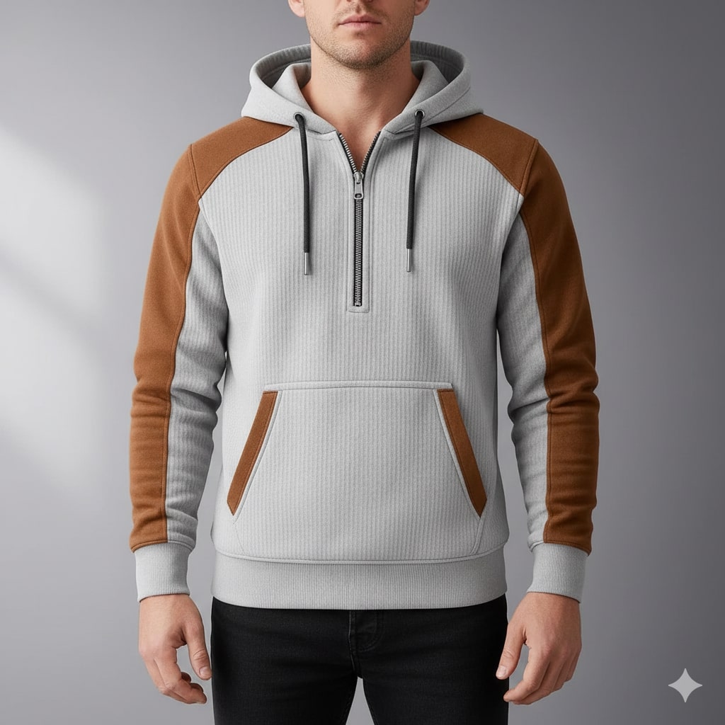 Colton Men's Corduroy Cotton Blend Quarter-Zip Hoodie with Contrast Panels
