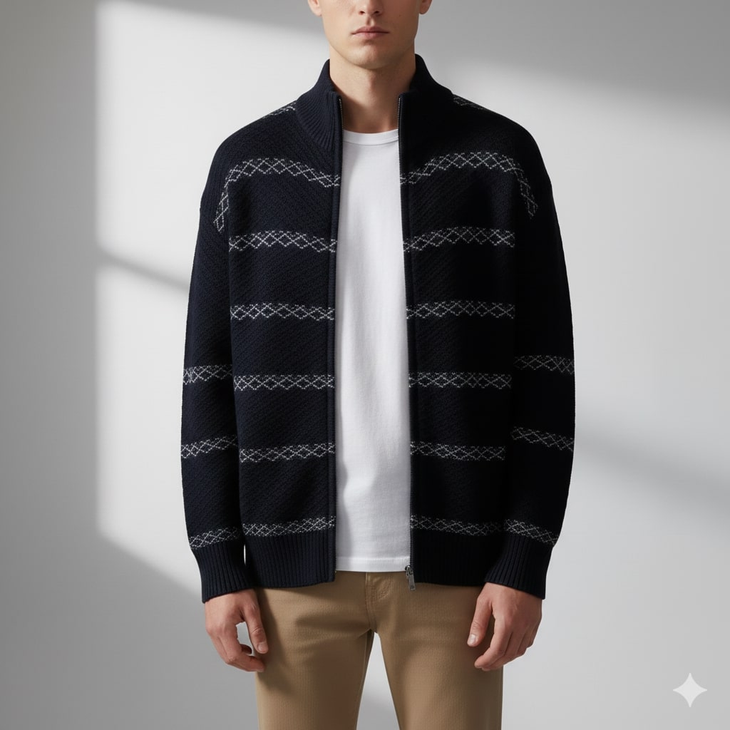 Craig Men's Textured Knit Zip-Up Cardigan with Stand Collar