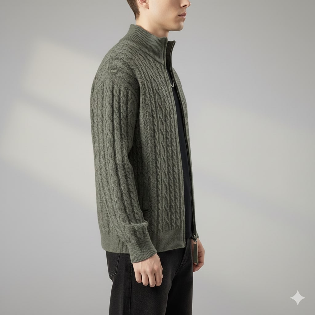 Domingo Men's Wool Cable Knit Zip-Up Cardigan – Mid-Weight Soft Sweater