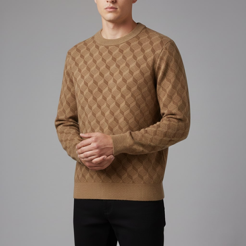 Gianluca Men's Geometric Knit Sweater – Soft Patterned Crew Neck with Ribbed Detailing