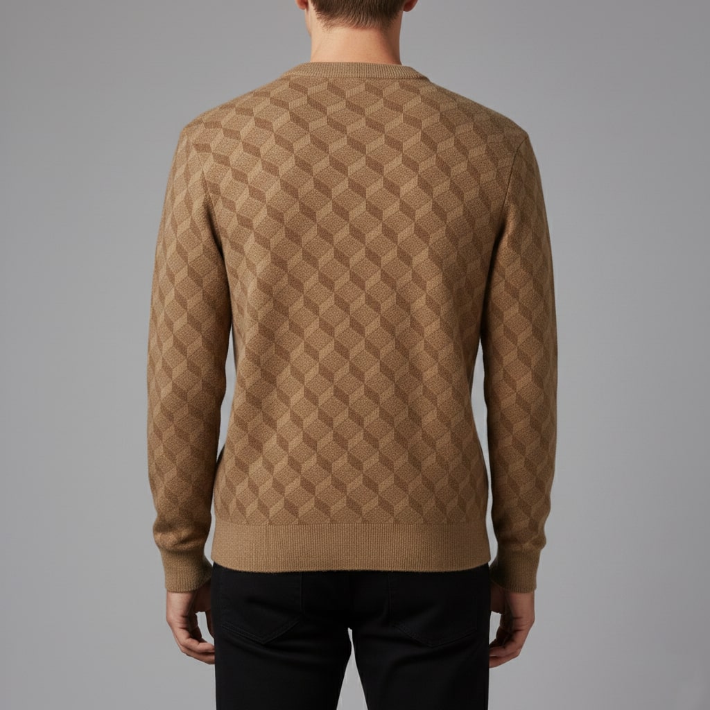 Gianluca Men's Geometric Knit Sweater – Soft Patterned Crew Neck with Ribbed Detailing