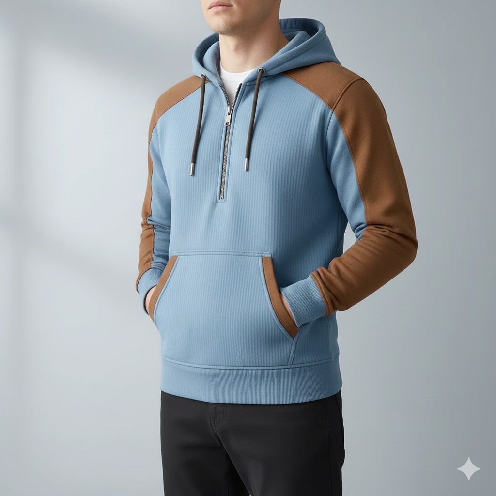Colton Men's Corduroy Cotton Blend Quarter-Zip Hoodie with Contrast Panels