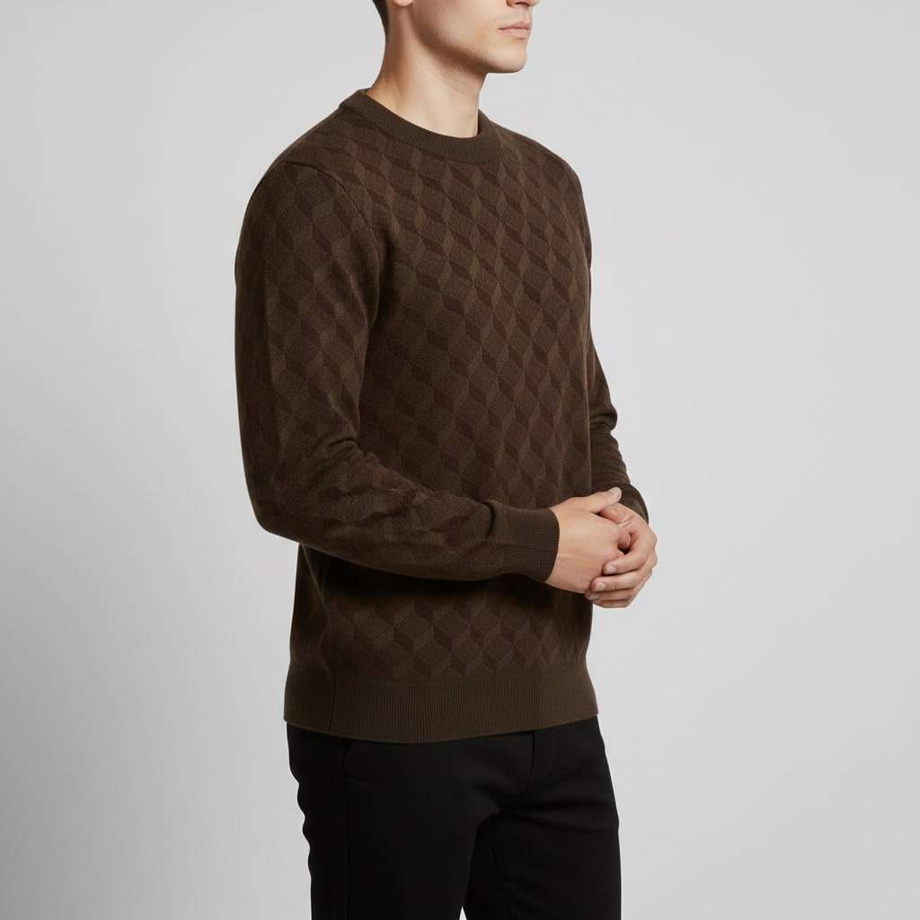 Gianluca Men's Geometric Knit Sweater – Soft Patterned Crew Neck with Ribbed Detailing