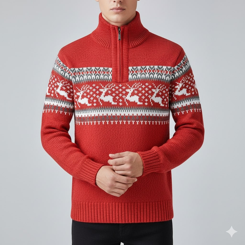 Aldrey Men's Wool Knit Quarter-Zip Christmas Sweater Pullover