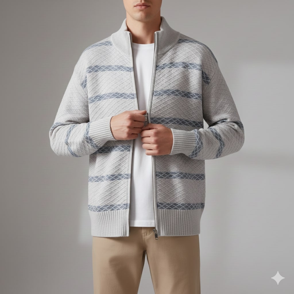 Craig Men's Textured Knit Zip-Up Cardigan with Stand Collar