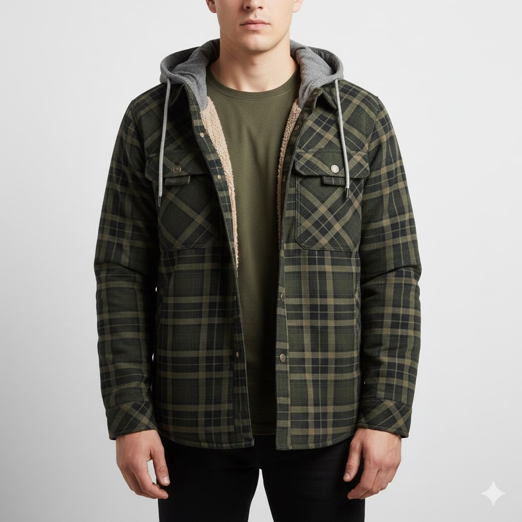 Dante Men's Sherpa-Lined Flannel Hoodie Jacket – Ideal for Winter Wear