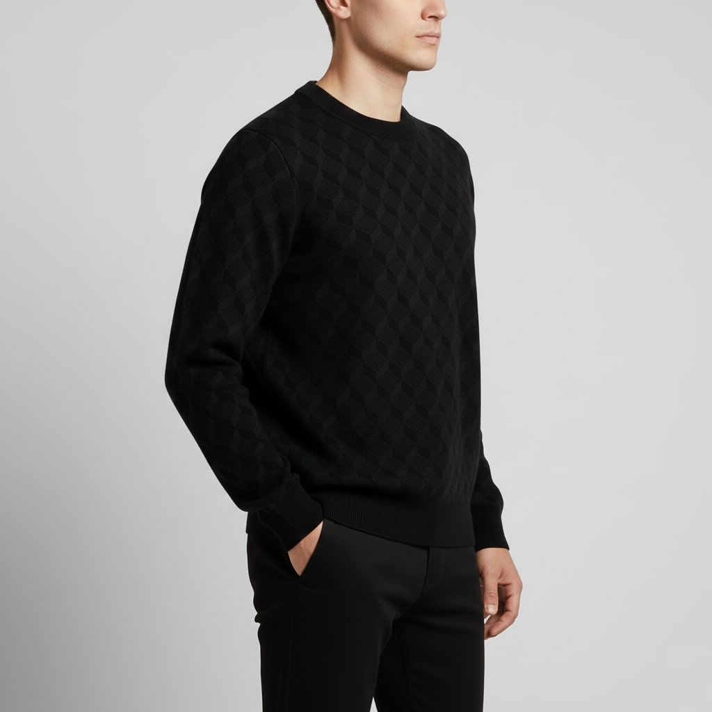 Gianluca Men's Geometric Knit Sweater – Soft Patterned Crew Neck with Ribbed Detailing