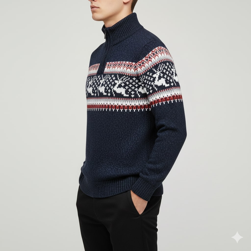 Aldrey Men's Wool Knit Quarter-Zip Christmas Sweater Pullover